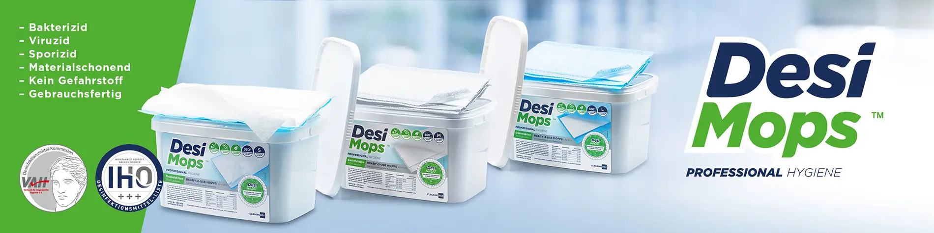 DesiMops Produktreihe S, M, L – Bakterizid, Viruzid, Sporizid, Materialschonend, kein Gefahrstoff, gebrauchsfertig (VAH / IHO gelistet)