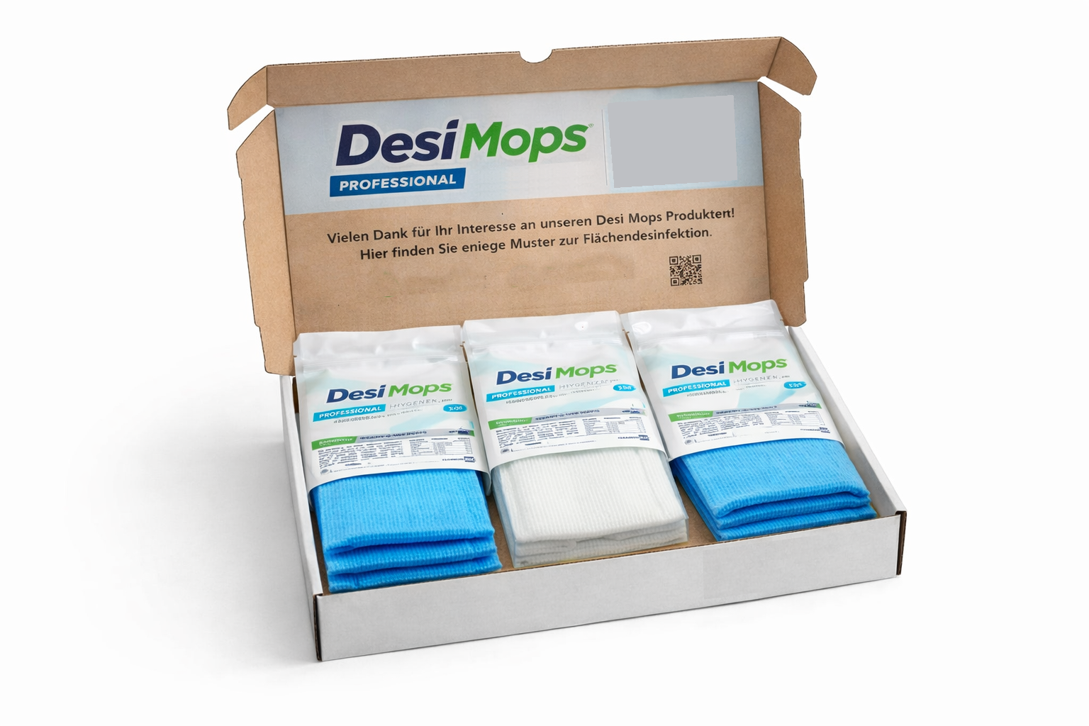DesiMops Musterbox mit Produktproben zur Flächendesinfektion